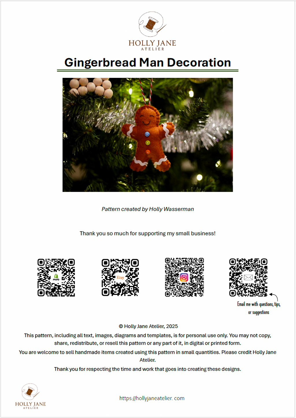 Felt Gingerbread Man Ornament – Digital Sewing Pattern (PDF)