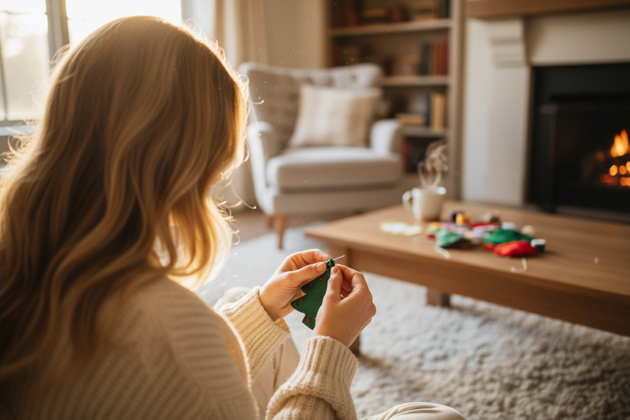 create an image of a woman sitting on the floor, cross legged, hand stitching a felt christmas tree ornament together. the main focas point of the image will be the stitching of the felt christmas tree. I would like the person to be sitting on a neutral, cozy carpet. The "camera angle" must be from behind the person, over their shoulder, so you see little bit of the back of their head (do not show the face), and their shoulder. The person has long blond hair. the image must be landscape aspect