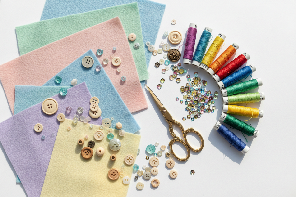 felt, embroidery thread, buttons, beads, scissors, sequins